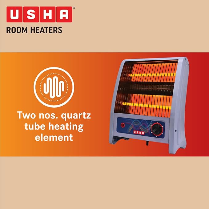 Usha 2 Rod 800 Watt Quartz Heater with Low Power Consumption and Tip Over Protection (4302, Grey)