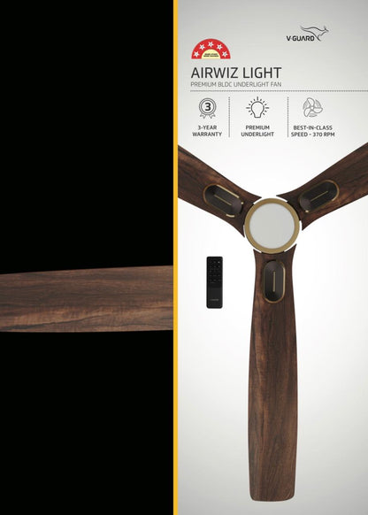 V-Guard AIRWIZ LIGHT PREMIUM HIGH SPEED | 6W LED UNDER LIGHT (48") 370 RPM with 3 Year Warranty BLDC Motor with Remote 1200 mm Ceiling Fan  (5 Star | Choco Teak Wood