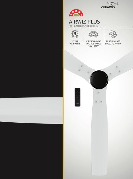 V-Guard AIRWIZ PLUS PREMIUM HIGH SPEED (48") 370 RPM with 3 Year Warranty BLDC Motor with Remote 1200 mm Ceiling Fan  (5 Star | WHITE