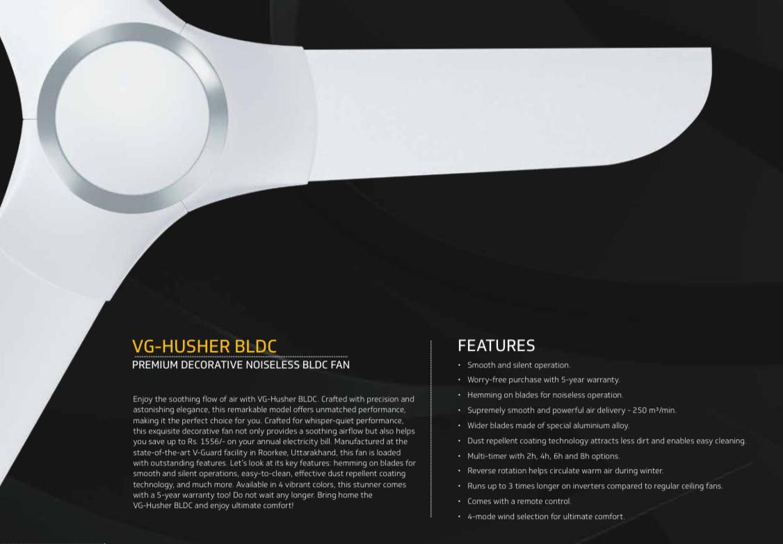 V-Guard HUSHER BLDC 5 Star 1200 mm |3 Blade Ceiling Fan| 5 Years Warranty| Blossom White
