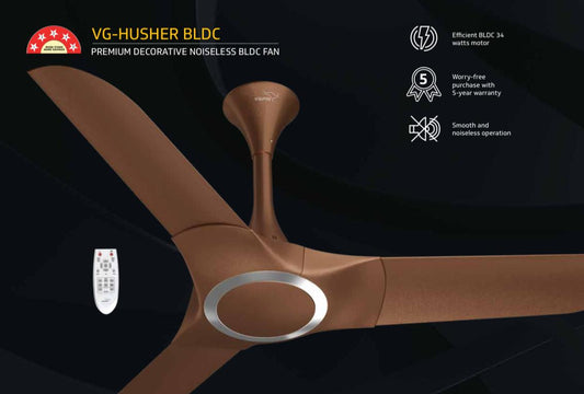 V-Guard HUSHER BLDC 5 Star 1200 mm |3 Blade Ceiling Fan| 5 Years Warranty | Caramal Brown Silver