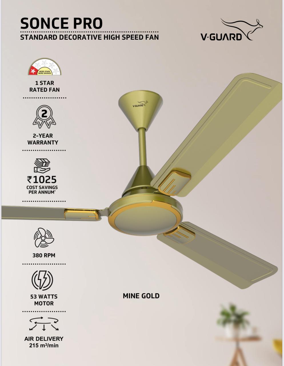 V-Guard Sonce 1200 mm 3 Blade Ceiling Fan  (Ultra High Speed |400 RPM|