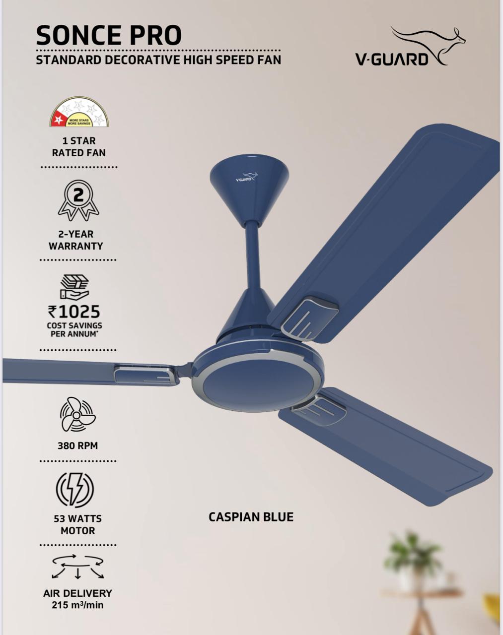 V-Guard Sonce 1200 mm 3 Blade Ceiling Fan  (Ultra High Speed |400 RPM|