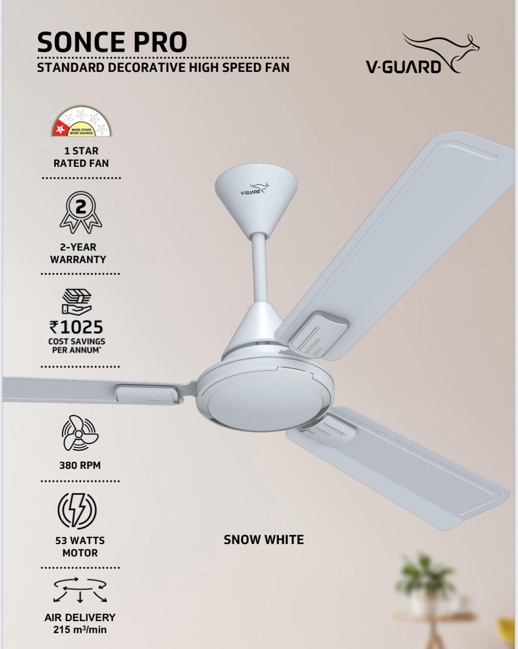 V-Guard Sonce 1200 mm 3 Blade Ceiling Fan  (Ultra High Speed |400 RPM|