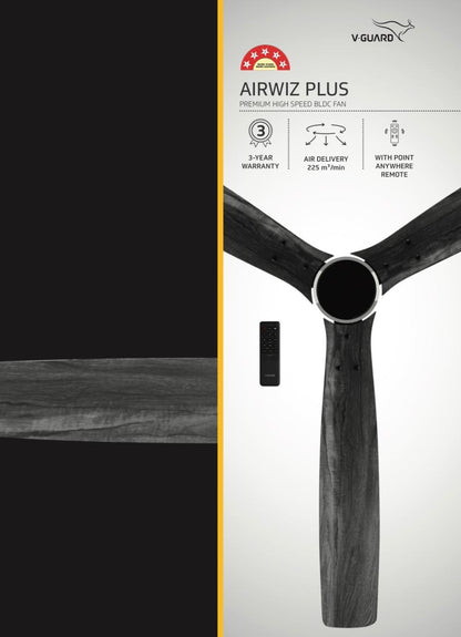 V-Guard AIRWIZ PLUS PREMIUM HIGH SPEED (48") 370 RPM with 3 Year Warranty BLDC Motor with Remote 1200 mm Ceiling Fan  (5 Star | PINE WOOD SILVER