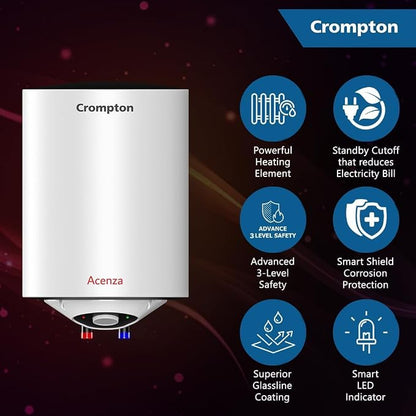 Crompton Acenza Plus 15L Storage Water Heater, ASWH-6115 | 4 Star BEE Rated | Superior Glassline Coated Tank | 8 Bar Pressure | Copper Heating Element | Advanced 3-Level Safety | White