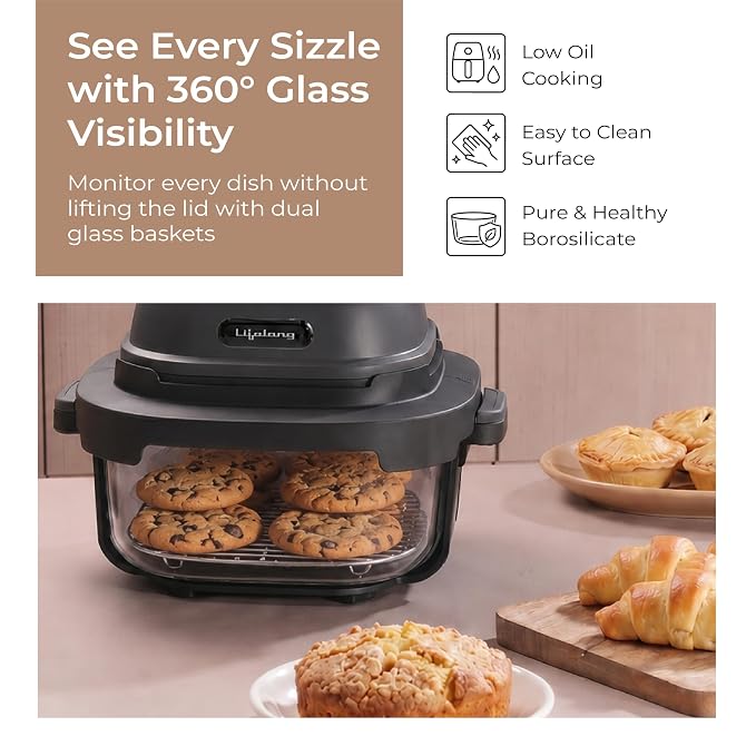 Lifelong Dual Glass Basket Air Fryer | Interchangeable Borosilicate Glass Bowls (4.1L, 1.6L) with Lids | 1500W, 5 Preset, Non-Slip Silicone Mat, DIY Mode, Toxin Free, No Coatings, 360° Air Circulation