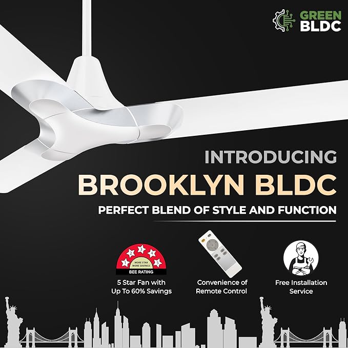 RR Signature New York Brooklyn 5 Star BLDC Ceiling Fan with Remote High Speed Ceiling Fan for Home Chrome White, 3 + 2 Years Warranty, Free Installation