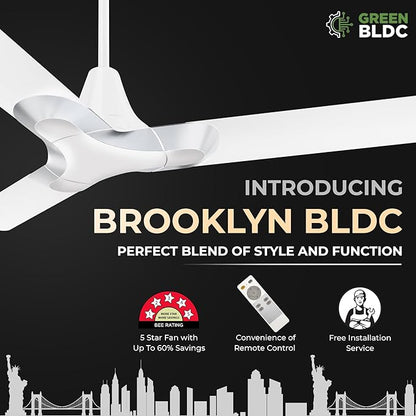 RR Signature New York Brooklyn 5 Star BLDC Ceiling Fan with Remote High Speed Ceiling Fan for Home Chrome White, 3 + 2 Years Warranty, Free Installation