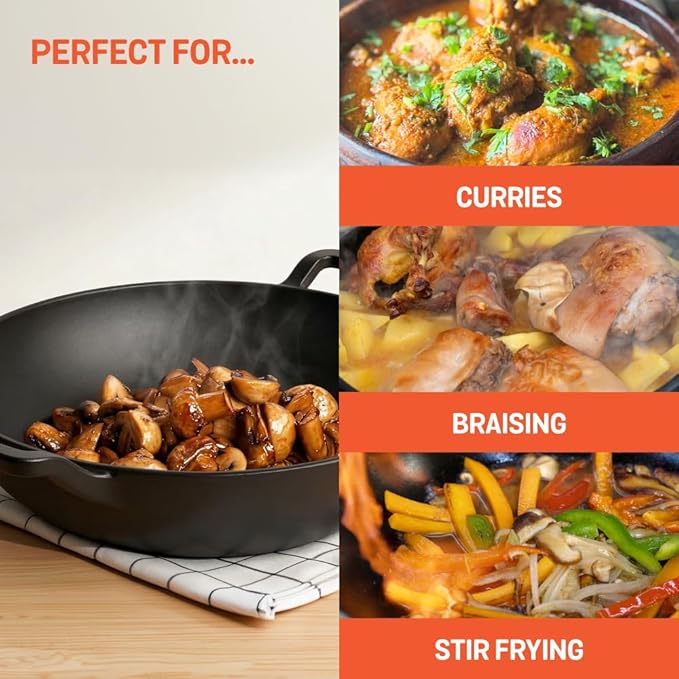 Meyer Pre-Seasoned Cast Iron Kadai with Lid | 26 cm | 3 Litre | Heavy Base | Induction & Gas Stove Compatible | Black