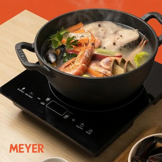 Meyer Pre-Seasoned Cast Iron Kadai with Lid | 26 cm | 3 Litre | Heavy Base | Induction & Gas Stove Compatible | Black