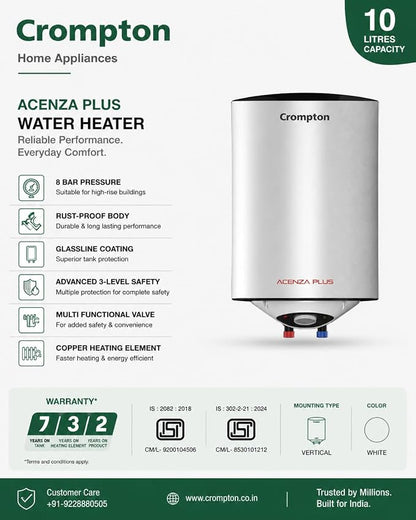 Crompton Acenza Plus 15L Storage Water Heater, ASWH-6115 | 4 Star BEE Rated | Superior Glassline Coated Tank | 8 Bar Pressure | Copper Heating Element | Advanced 3-Level Safety | White