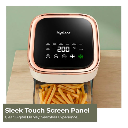 Lifelong PuroGlass Air Fryer | 4.2L Glass Basket | 8 Preset Modes | 1350W Power | Healthy Low Oil Cooking, 360° Turbo Heat Technology | LED Touch Control | Nonstick Easy Clean Kitchen Appliance