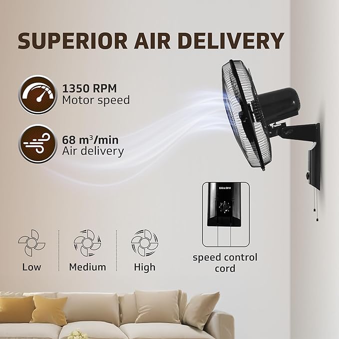 V-Guard GLADO STD Wall Mount Fan For Bedroom | 3 Speed Settings | 1350 RPM Powerful Motor | Corrosion Resistant Metal Guards | Black | 40 cm (400mm)