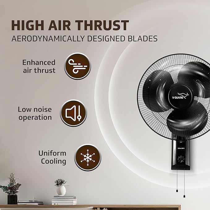 V-Guard GLADO STD Wall Mount Fan For Bedroom | 3 Speed Settings | 1350 RPM Powerful Motor | Corrosion Resistant Metal Guards | Black | 40 cm (400mm)