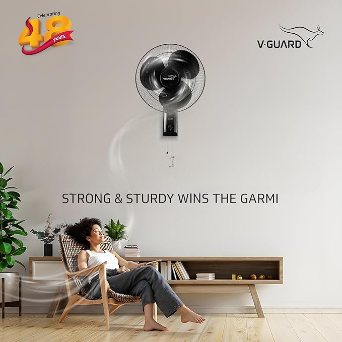 V-Guard GLADO STD Wall Mount Fan For Bedroom | 3 Speed Settings | 1350 RPM Powerful Motor | Corrosion Resistant Metal Guards | Black | 40 cm (400mm)