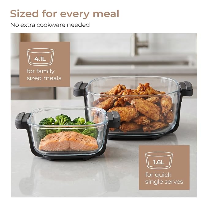 Lifelong Dual Glass Basket Air Fryer | Interchangeable Borosilicate Glass Bowls (4.1L, 1.6L) with Lids | 1500W, 5 Preset, Non-Slip Silicone Mat, DIY Mode, Toxin Free, No Coatings, 360° Air Circulation