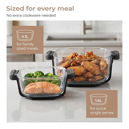 Lifelong Dual Glass Basket Air Fryer | Interchangeable Borosilicate Glass Bowls (4.1L, 1.6L) with Lids | 1500W, 5 Preset, Non-Slip Silicone Mat, DIY Mode, Toxin Free, No Coatings, 360° Air Circulation