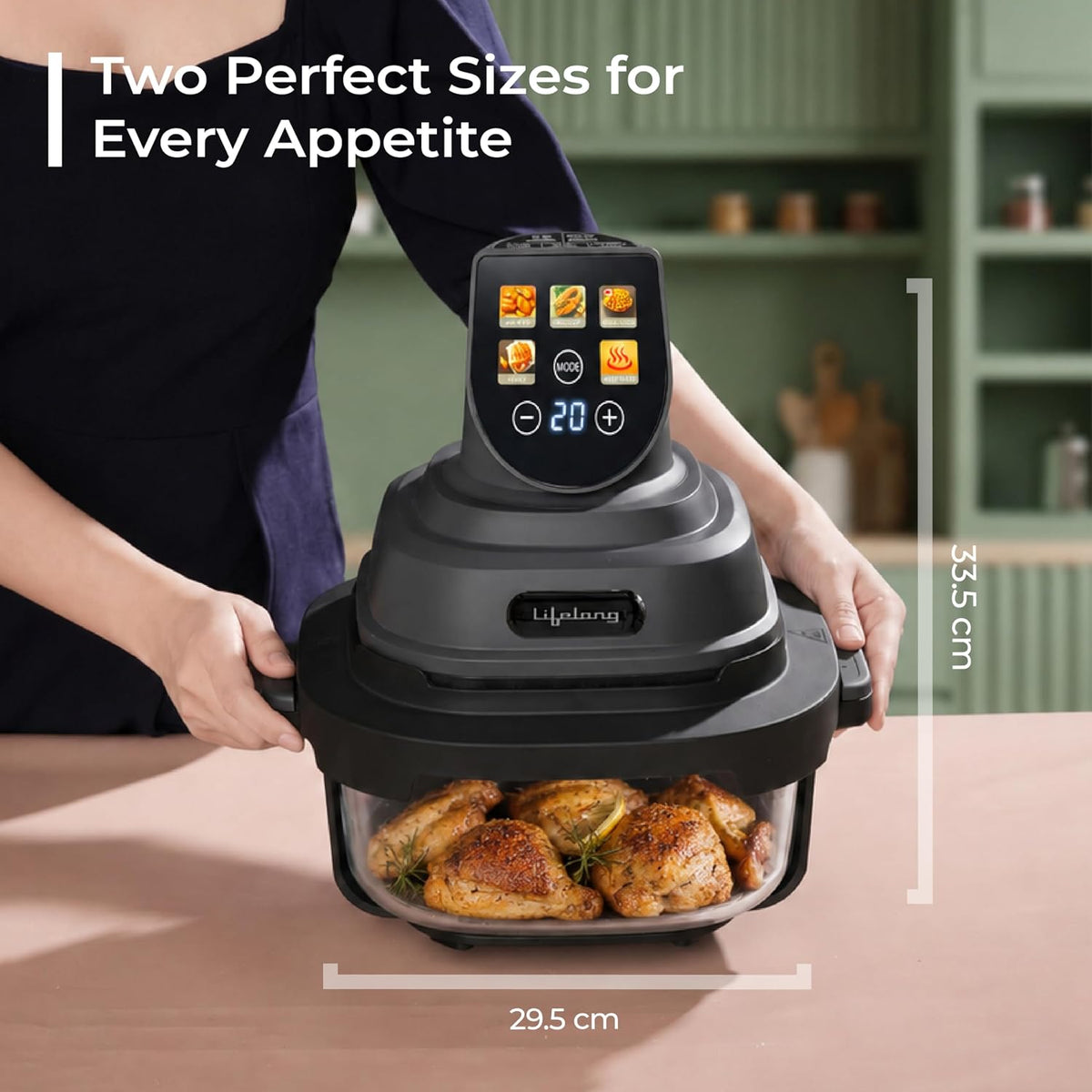 Lifelong Dual Glass Basket Air Fryer | Interchangeable Borosilicate Glass Bowls (4.1L, 1.6L) with Lids | 1500W, 5 Preset, Non-Slip Silicone Mat, DIY Mode, Toxin Free, No Coatings, 360° Air Circulation