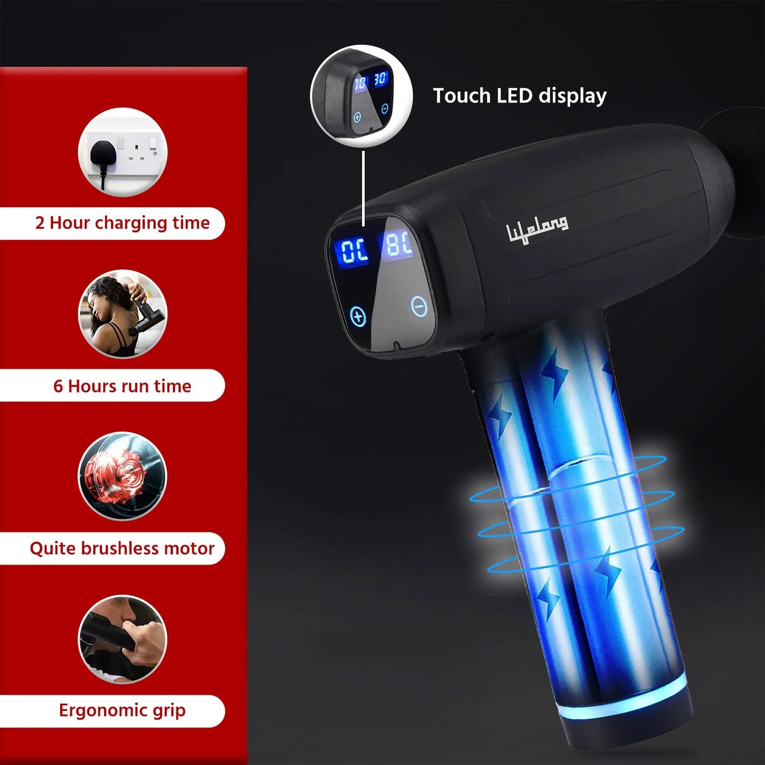 Lifelong LLGM09 Percussion Massage Gun for Pain Relief, Deep Tissue, 6 Speeds & 7 Massage Heads, Cordless, Quiet Operation for Neck, Shoulders, Back, Arms, Legs & Feet