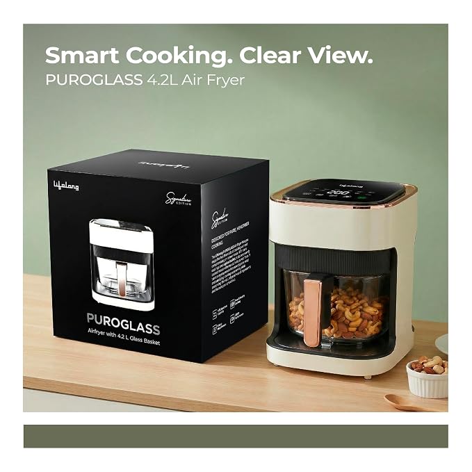 Lifelong PuroGlass Air Fryer | 4.2L Glass Basket | 8 Preset Modes | 1350W Power | Healthy Low Oil Cooking, 360° Turbo Heat Technology | LED Touch Control | Nonstick Easy Clean Kitchen Appliance