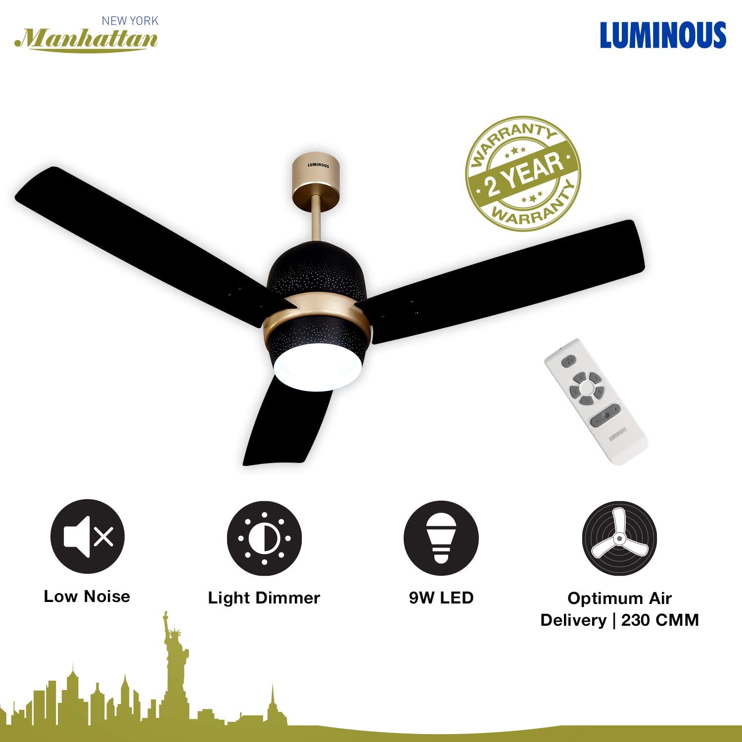 RR Signature New York Manhattan 1200 mm Ceiling Fan for Home and Office with LED light & IR Remote (5 year warranty, Night Sky,