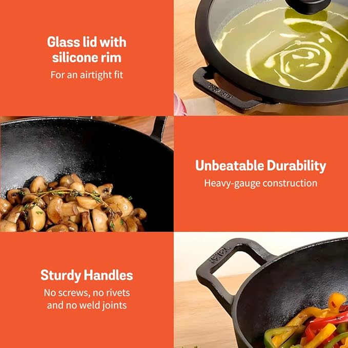 Meyer Pre-Seasoned Cast Iron Kadai with Lid | 26 cm | 3 Litre | Heavy Base | Induction & Gas Stove Compatible | Black