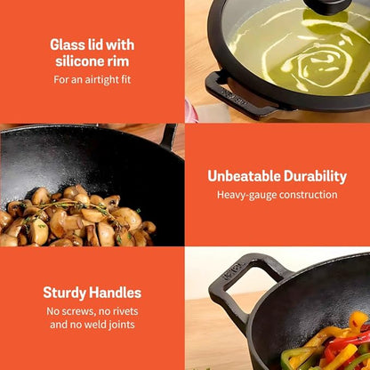 Meyer Pre-Seasoned Cast Iron Kadai with Lid | 26 cm | 3 Litre | Heavy Base | Induction & Gas Stove Compatible | Black