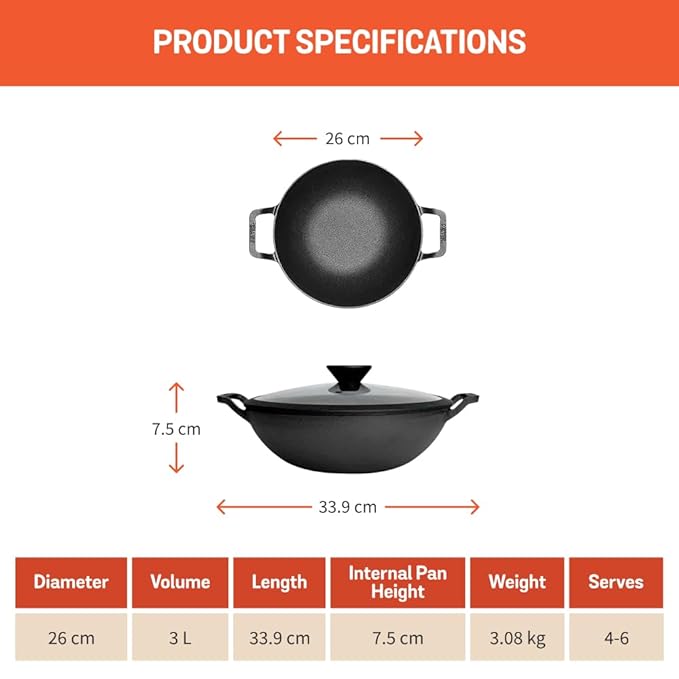 Meyer Pre-Seasoned Cast Iron Kadai with Lid | 26 cm | 3 Litre | Heavy Base | Induction & Gas Stove Compatible | Black