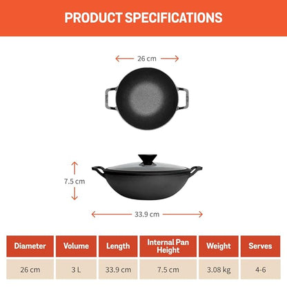 Meyer Pre-Seasoned Cast Iron Kadai with Lid | 26 cm | 3 Litre | Heavy Base | Induction & Gas Stove Compatible | Black