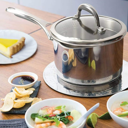 Meyer Select Nickel Free Stainless Steel Saucepan | Sauce pan with triply Base| Sauce Pot with Straining Glass Lid |Milk pan with Lid | Gas and Induction Compatible, 16cm/ 1.9 Liters,