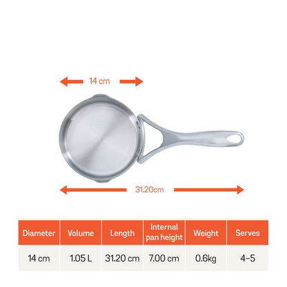Meyer Select Stainless Steel Milk Pan 0.9L (14cm) with Glass Lid | Gas & Induction Compatible | Heavy Base