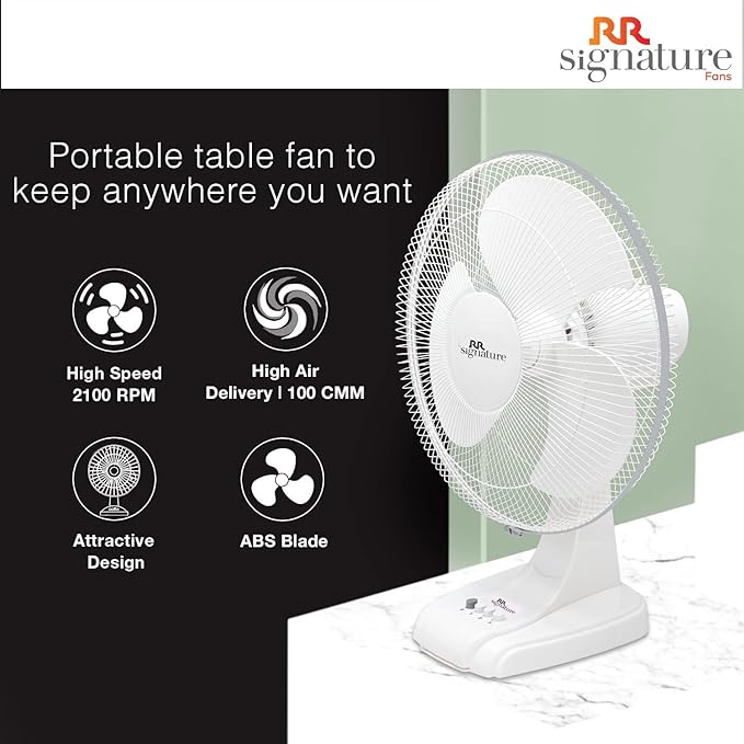RR Signature Mojo Plus High Speed Table Fan (2100 RPM, 130 Watt, 3 Years Manufacturer Warranty, 400 mm, 100 cmm, Compact and Portable, Best For Home and Office Use) White
