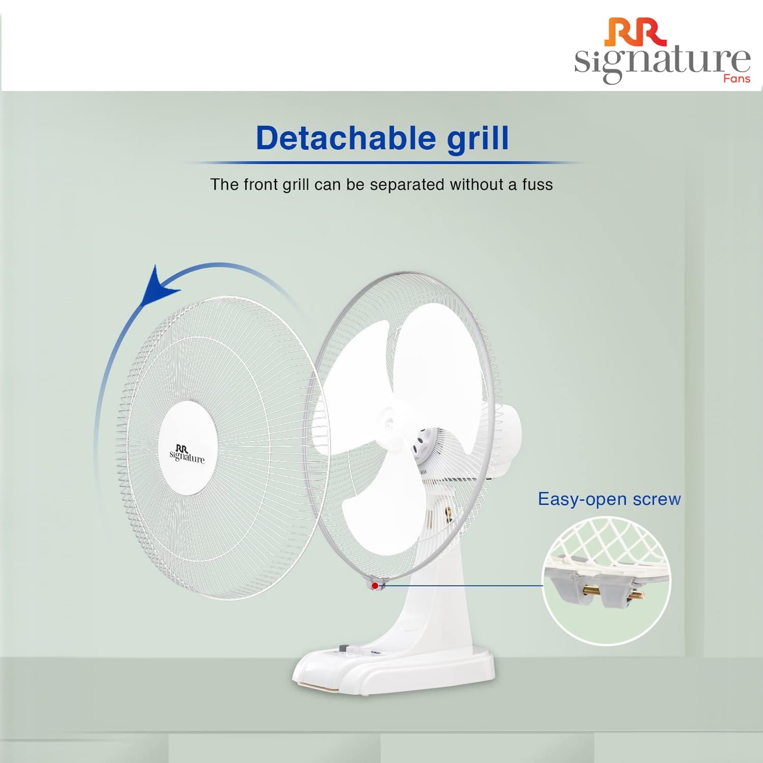 RR Signature Mojo Plus High Speed Table Fan (2100 RPM, 130 Watt, 3 Years Manufacturer Warranty, 400 mm, 100 cmm, Compact and Portable, Best For Home and Office Use) White