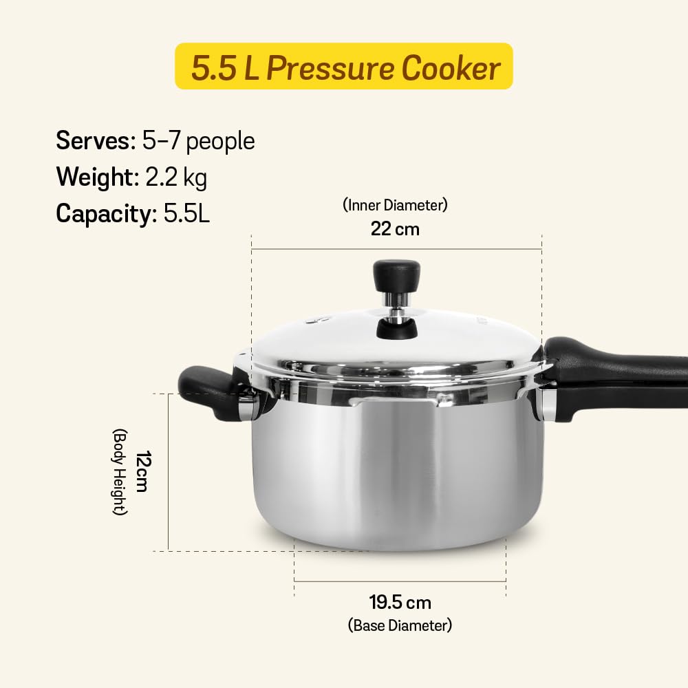 Meyer Presta Tri-Ply Stainless Steel Pressure Cooker 5.5L | Induction & Gas Compatible | ISI Certified | Outer Lid | 5 Years Warranty