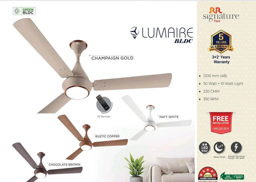 RR Signature Lumaire BLDC Ceiling Fan with 10W Led & Remote 1200 mm (Free Installation) Designed for Comfort, Crafted for Style!