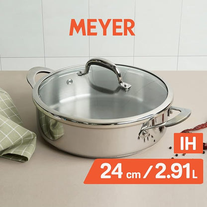 Meyer Select Nickel Free Stainless Steel Sauteuse with Glass Lid | Steel Saute Pan with Triply Base | Frying Pan with Lid | Gas and Induction Suitable | 24cm/ 2.9 Litre, Silver Visit the Meyer Store