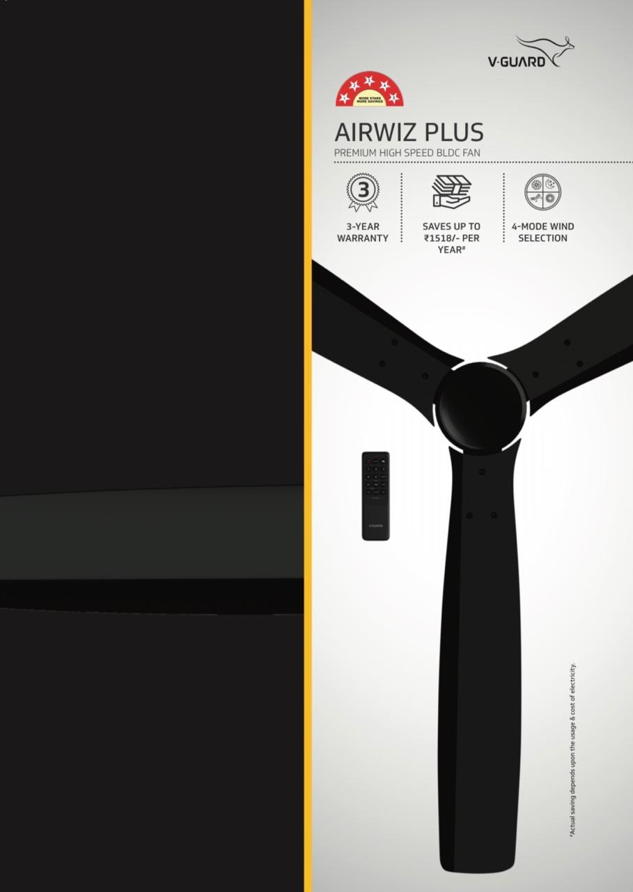V-Guard AIRWIZ PLUS PREMIUM HIGH SPEED (48") 370 RPM with 3 Year Warranty BLDC Motor with Remote 1200 mm Ceiling Fan  (5 Star | SPACE BLACK