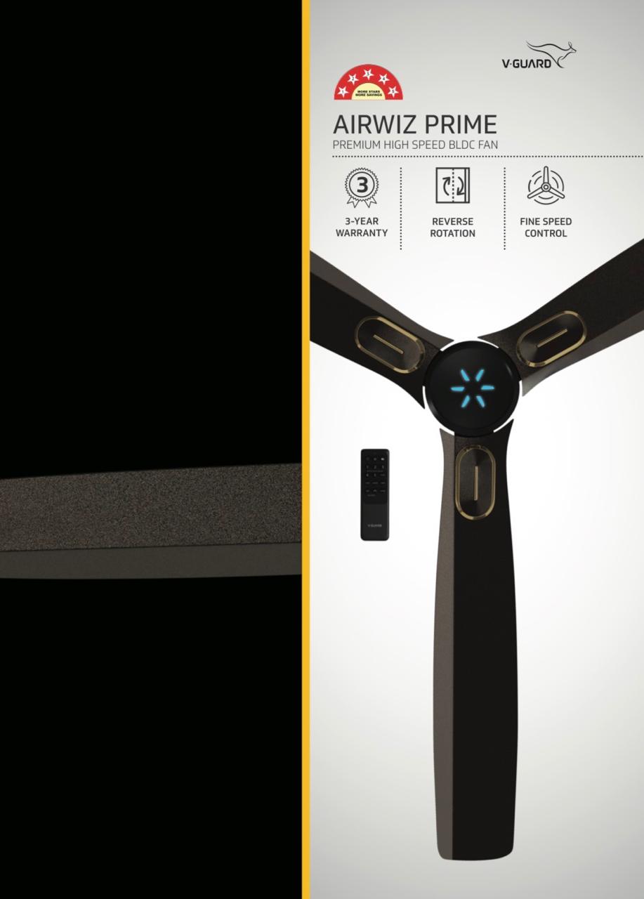 V-Guard AIRWIZ PRIME PREMIUM HIGH SPEED (48") 370 RPM with 3 Year Warranty BLDC Motor with Remote 1200 mm Ceiling Fan  (5 Star | Choco Brown Glo